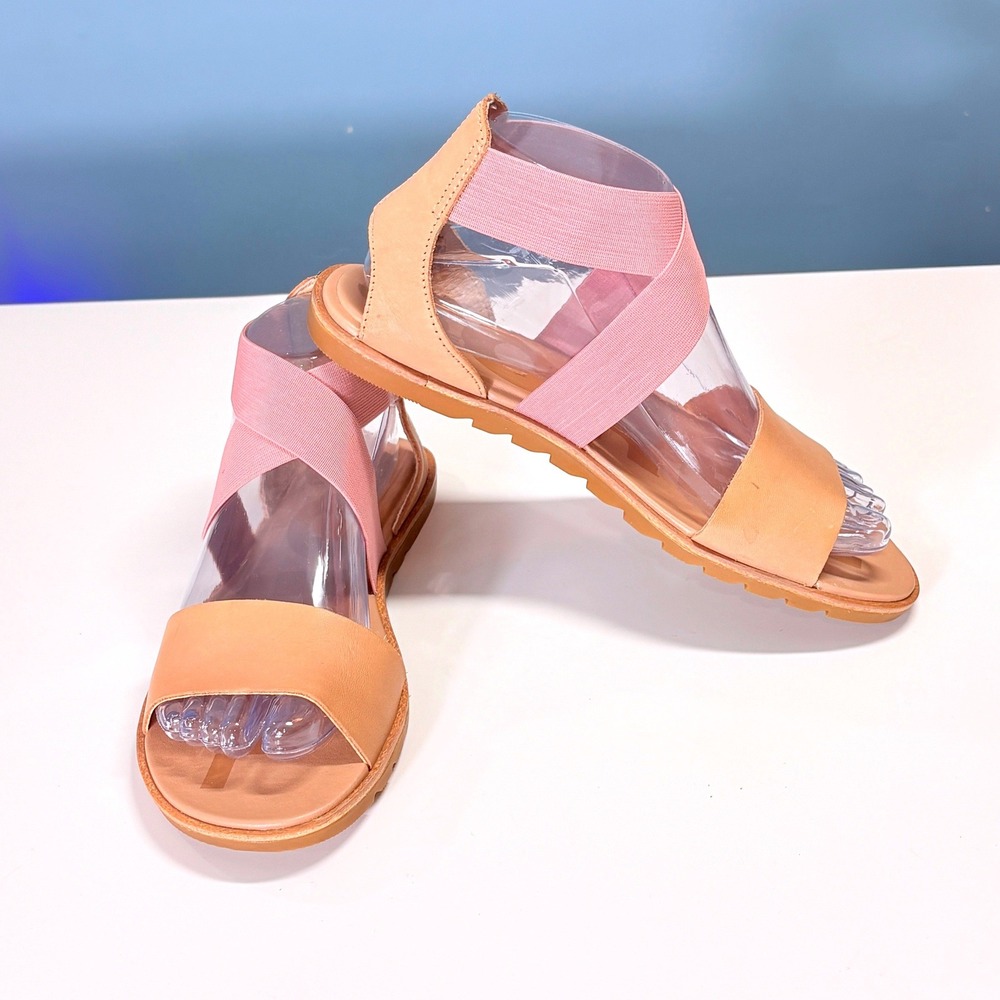 Sorel Ella II Leather Ankle Strap Sandal Sz 7 Flat Pink Beige Boho Beach Resort